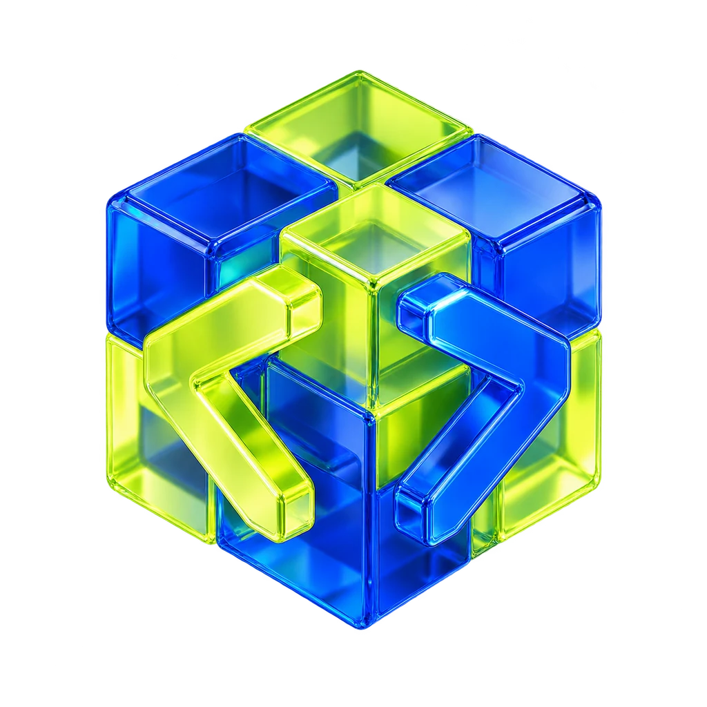 A modular cube of blue and lime code brackets